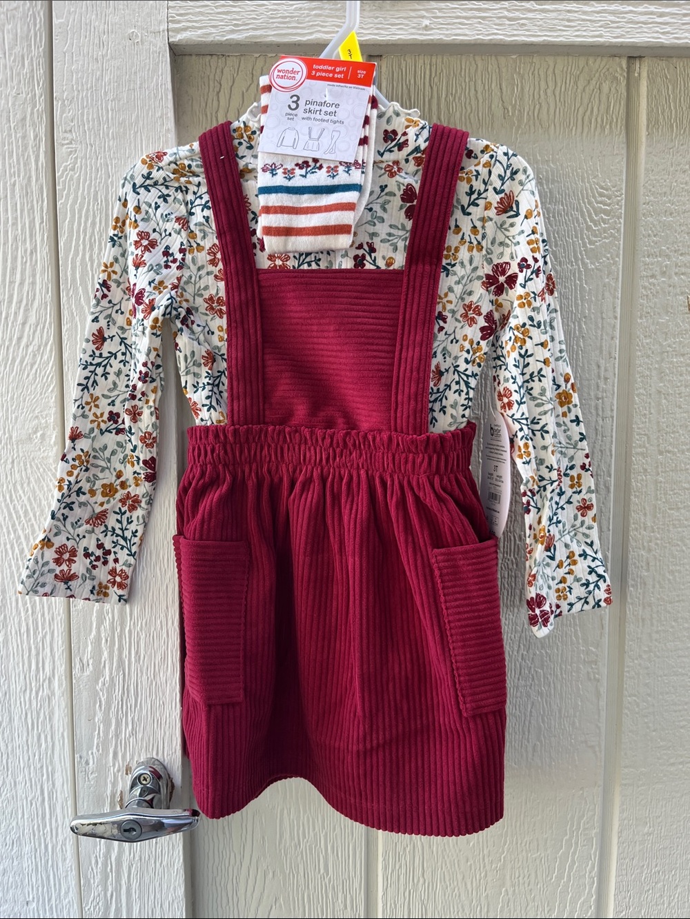 wonder nation Burgundy Corduroy Pinafore with Floral Top and Striped Socks